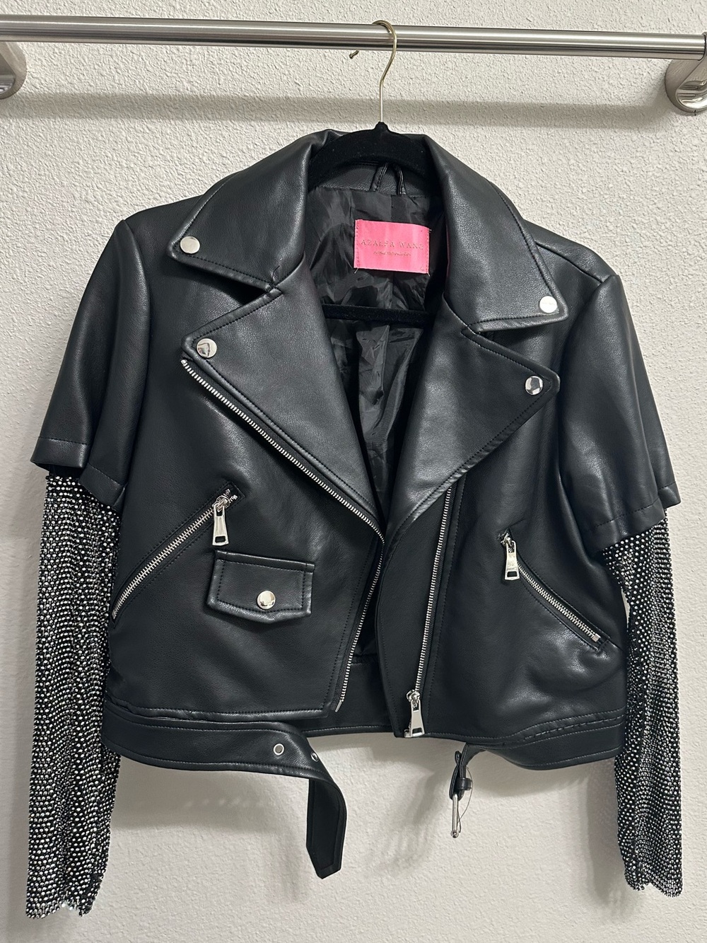 Womens Black Faux Leather Moto Jacket with Rhinestone Sleeves